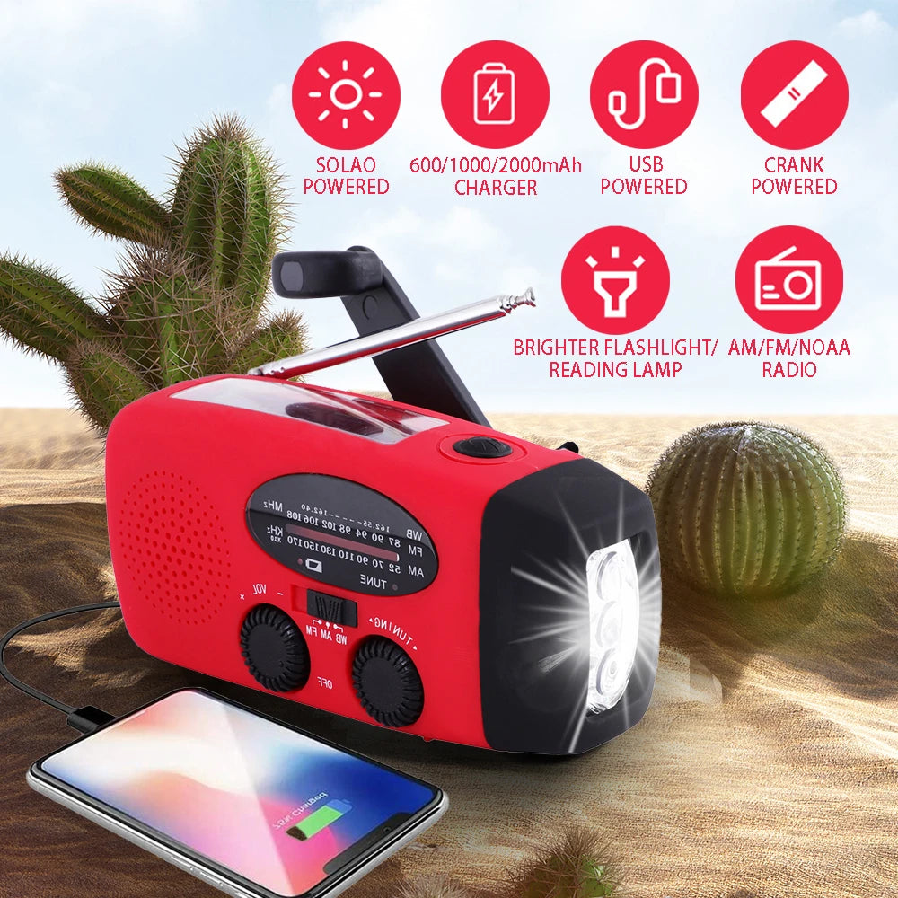 2000 mAh Emergency Radio with LED Lights, Type C-USB Rechargeable Radio, Solar Charging Light, Dynamo for Camping, Field, Farm, Mountain, beach. FM/AM Radio