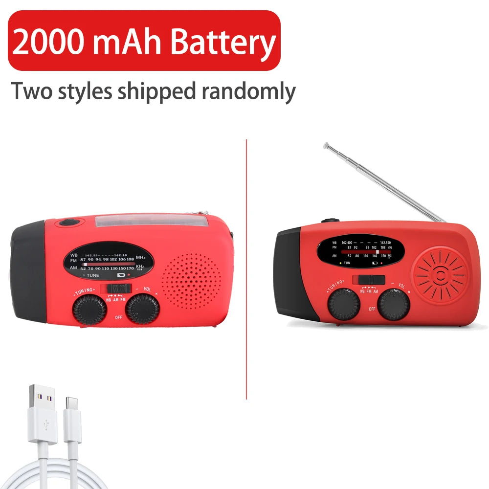 2000 mAh Emergency Radio with LED Lights, Type C-USB Rechargeable Radio, Solar Charging Light, Dynamo for Camping, Field, Farm, Mountain, beach. FM/AM Radio