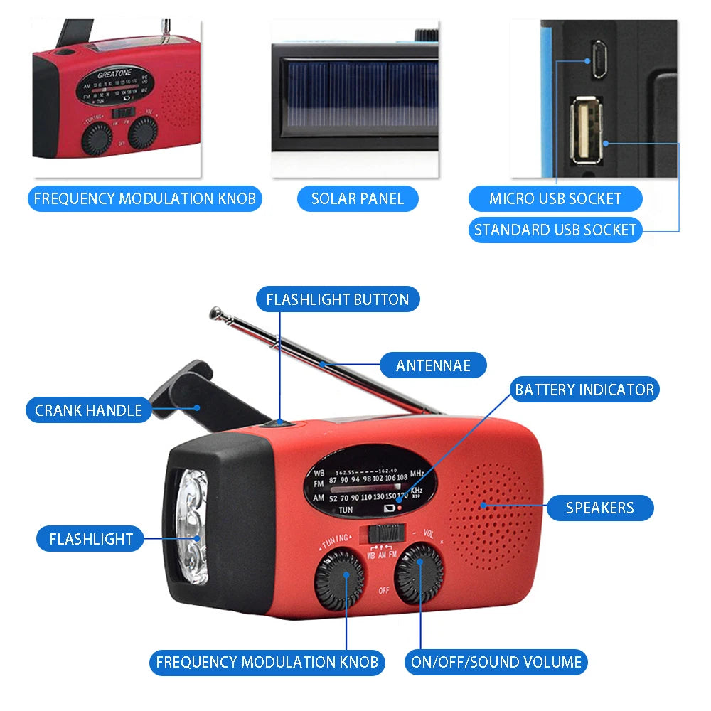 2000 mAh Emergency Radio with LED Lights, Type C-USB Rechargeable Radio, Solar Charging Light, Dynamo for Camping, Field, Farm, Mountain, beach. FM/AM Radio