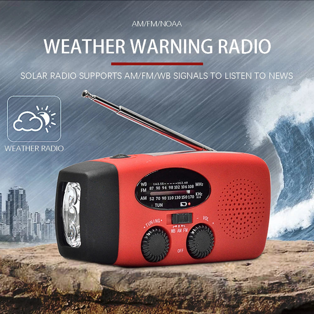 2000 mAh Emergency Radio with LED Lights, Type C-USB Rechargeable Radio, Solar Charging Light, Dynamo for Camping, Field, Farm, Mountain, beach. FM/AM Radio