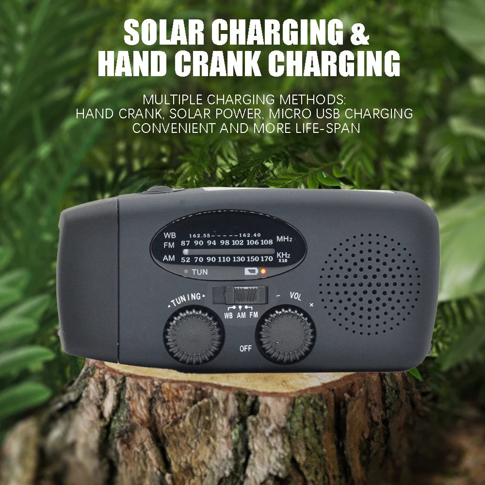 2000 mAh Emergency Radio with LED Lights, Type C-USB Rechargeable Radio, Solar Charging Light, Dynamo for Camping, Field, Farm, Mountain, beach. FM/AM Radio